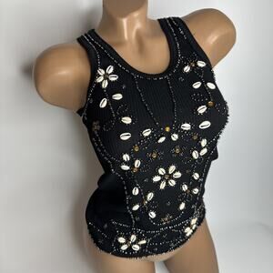 Y2K Yarnworks Cowrie Shell Beaded Black Ribbed Tank Top XS Boho Floral Indie